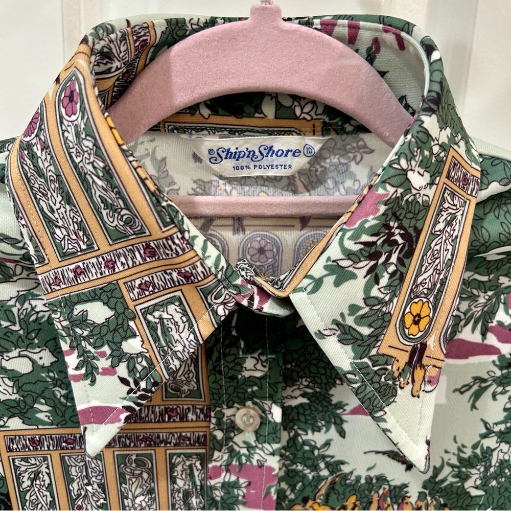 Vtg 70s Ship ’n Shore Bird & Garden Print Dagger Collar Button Up Shirt - M Poly - Picture 3 of 15